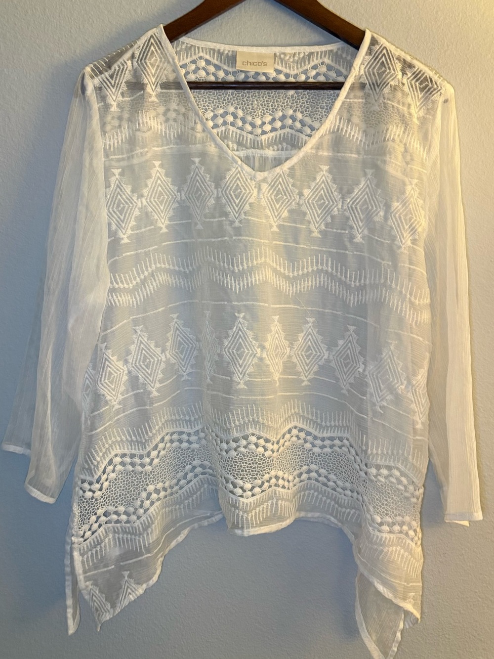 Chico's White Sheer V-Neck Embroidered Tunic